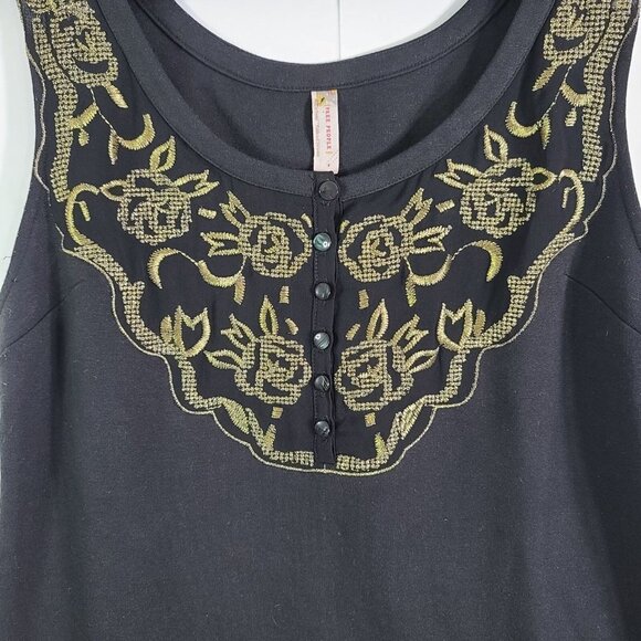 Free People ‎ Black Gold Button Embroidered Front Fit Flare Sheath Dress Size 8 - Picture 4 of 7
